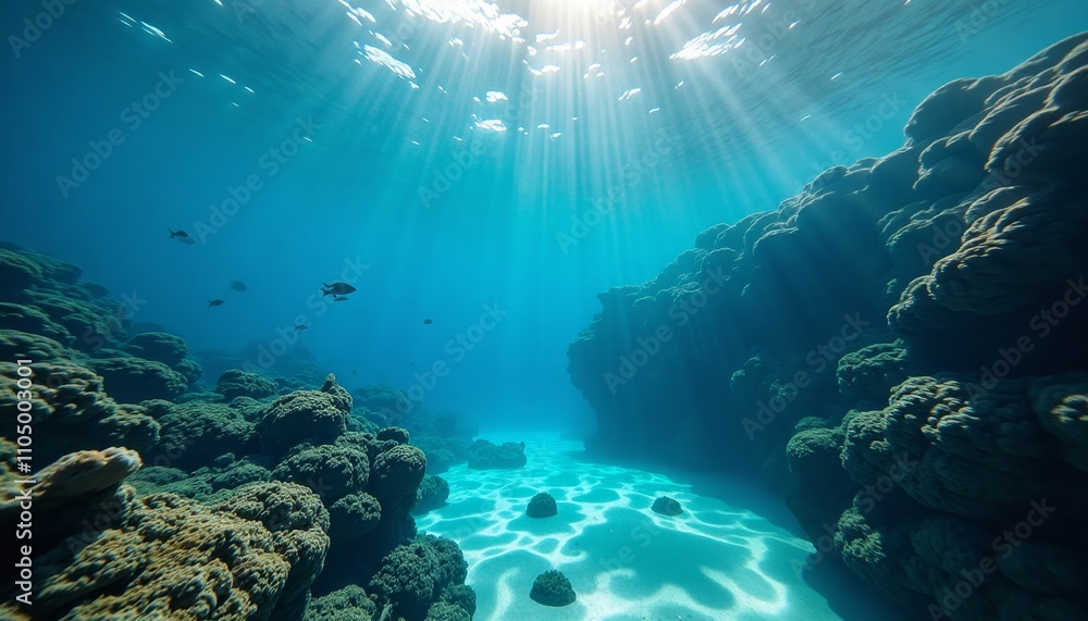 Fototapeta premium Deep blue ocean with sunlight rays