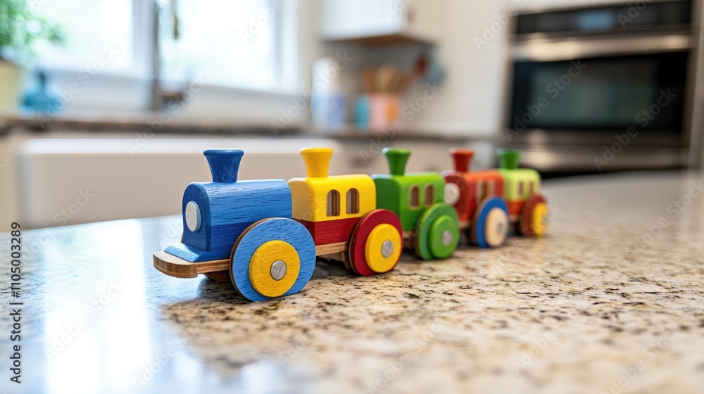 Colorful Wooden Train Toy on Kitchen Countertop in Bright Environment Colorful Wooden Train Toy on Kitchen Countertop in Bright Environment