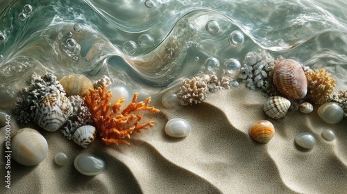 A lively underwater composition of coral pieces, polished seashells, and smooth glass pebbles strewn across wavy sand. The realistic lighting enhances the rich textures and movement in the scene. photo