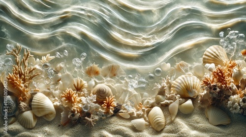 A lively underwater composition of coral pieces, polished seashells, and smooth glass pebbles strewn across wavy sand. The realistic lighting enhances the rich textures and movement in the scene. photo