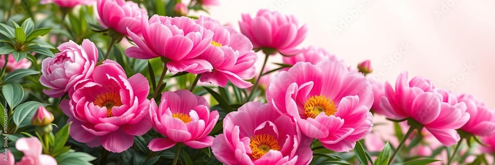 Blooming garden of vibrant pink peonies with large fluffy flowers surrounded by lush green foliage and delicate rose petals set against a soft pastel background, spring blooms, floral arrangement Blooming garden of vibrant pink peonies with large fluffy flowers surrounded by lush green foliage and delicate rose petals set against a soft pastel background, spring blooms, floral arrangement