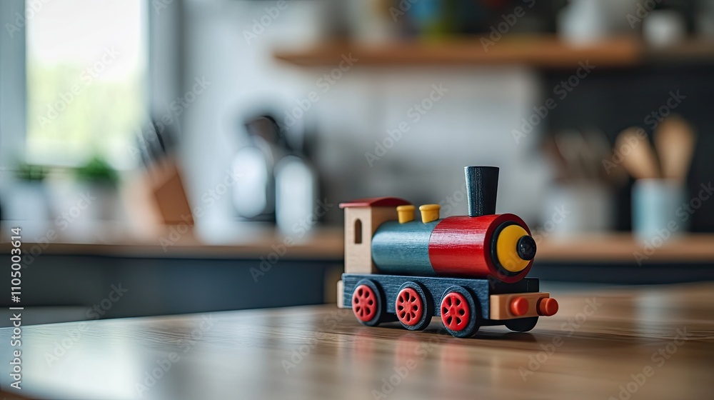 Colorful Wooden Toy Train on Kitchen Table with Soft Background Colorful Wooden Toy Train on Kitchen Table with Soft Background