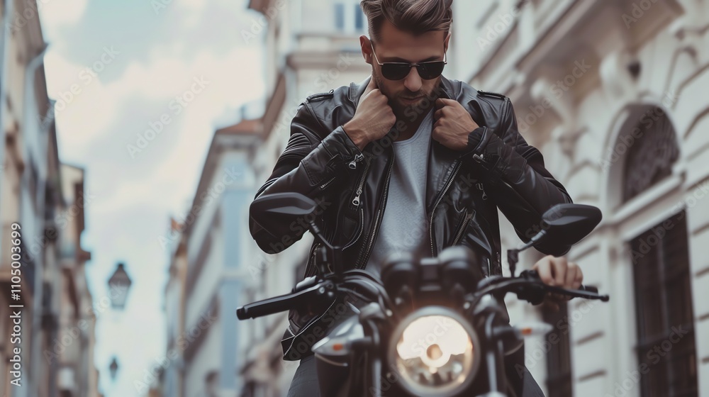 A man in a black leather jacket sits on his motorcycle in the city, looking down. A man in a black leather jacket sits on his motorcycle in the city, looking down.