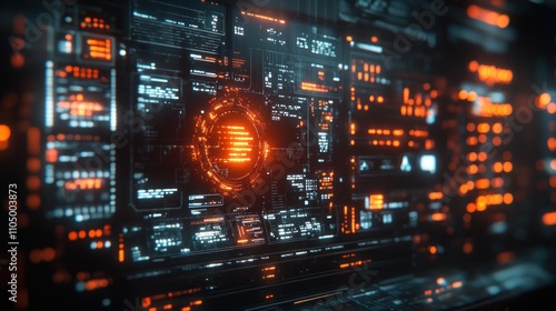 Futuristic digital interface with glowing orange and blue elements.