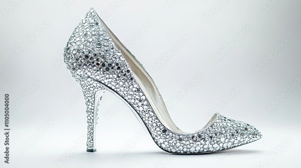 A luxurious pair of silver high heels adorned with sparkling rhinestones and a curved heel design, standing out against a bright white backdrop. A luxurious pair of silver high heels adorned with sparkling rhinestones and a curved heel design, standing out against a bright white backdrop.