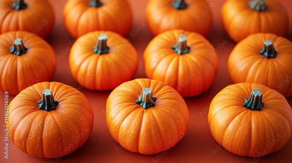 Vibrant orange pumpkins arranged symmetrically on a rich orange backdrop, bold and clean top view. Vibrant orange pumpkins arranged symmetrically on a rich orange backdrop, bold and clean top view.