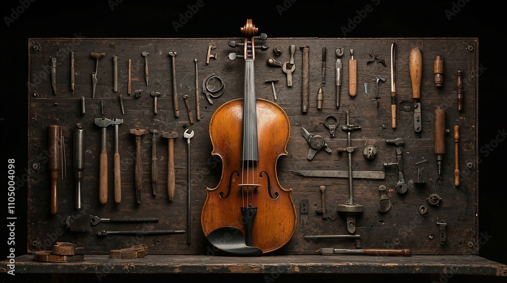 Naklejka premium Antique violin amidst vintage woodworking tools on dark wood.