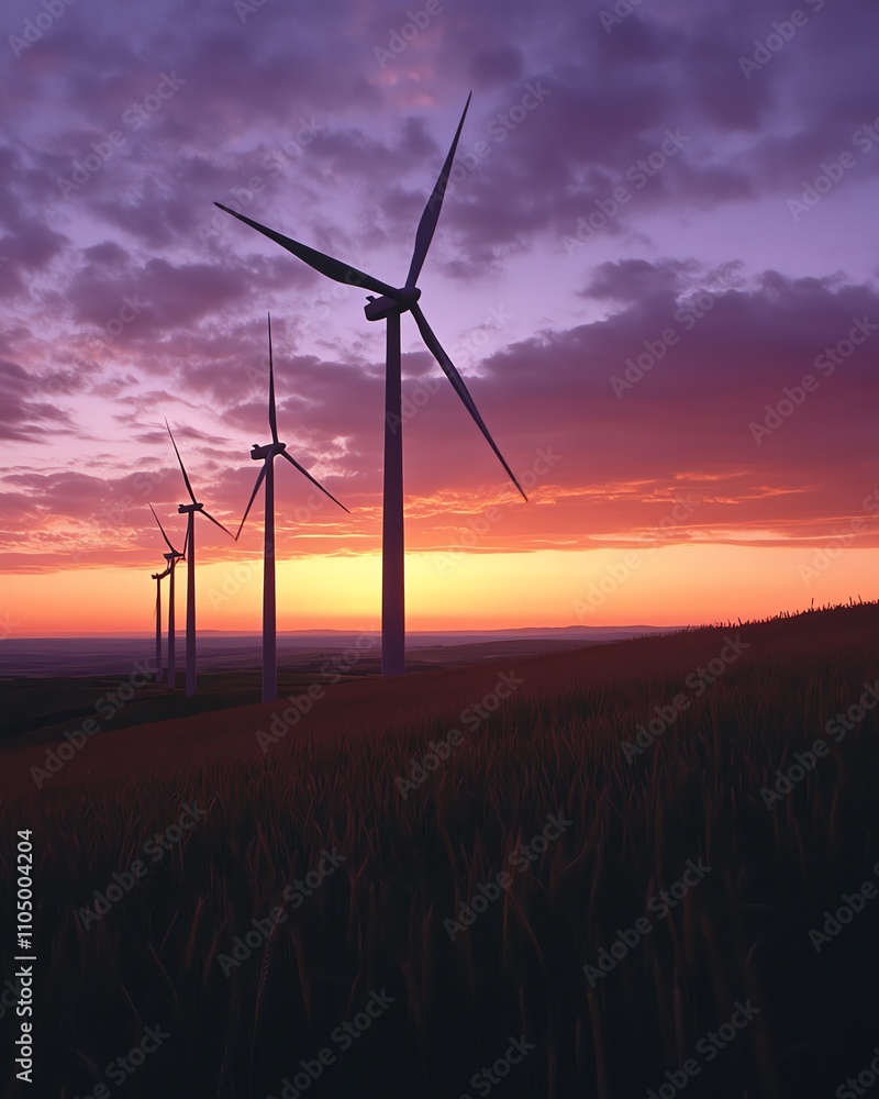 Wind turbines standing tall in a wheat field at sunset, the sky painted in hues of orange, pink, and purple