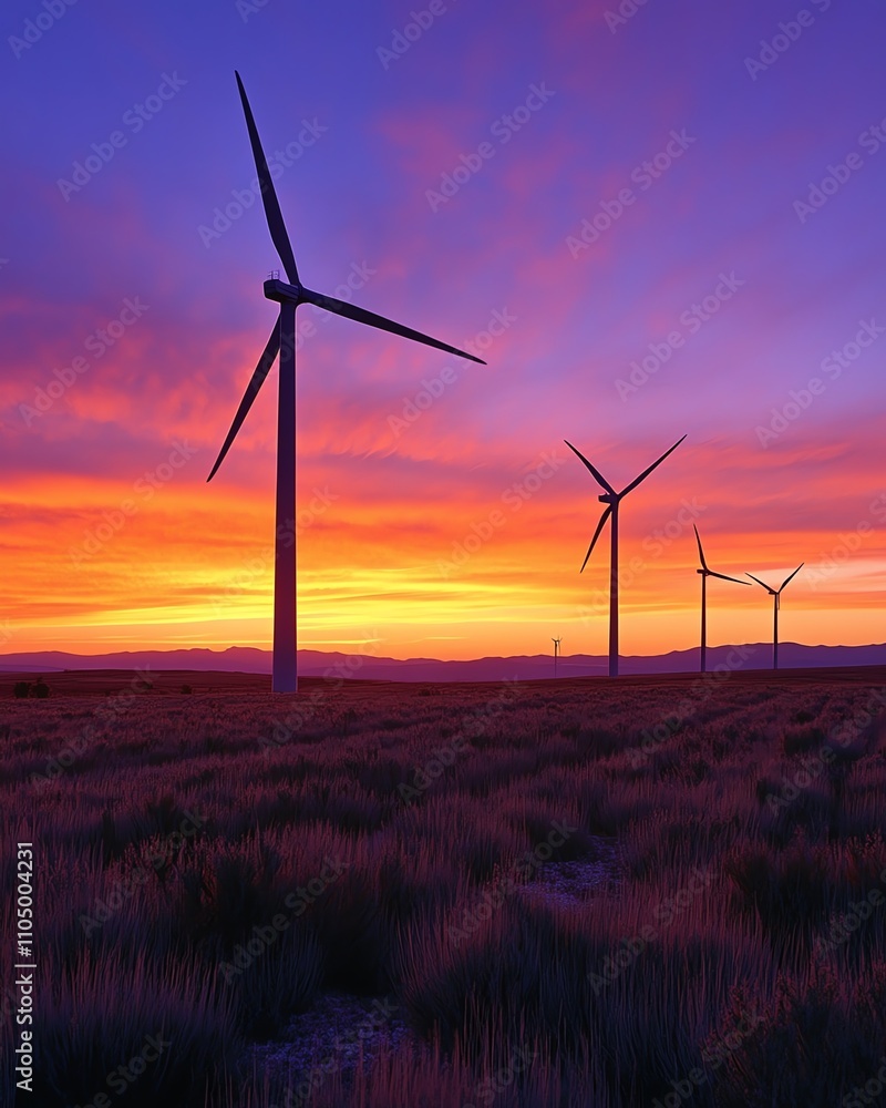 Wind turbines standing tall in a wheat field at sunset, the sky painted in hues of orange, pink, and purple