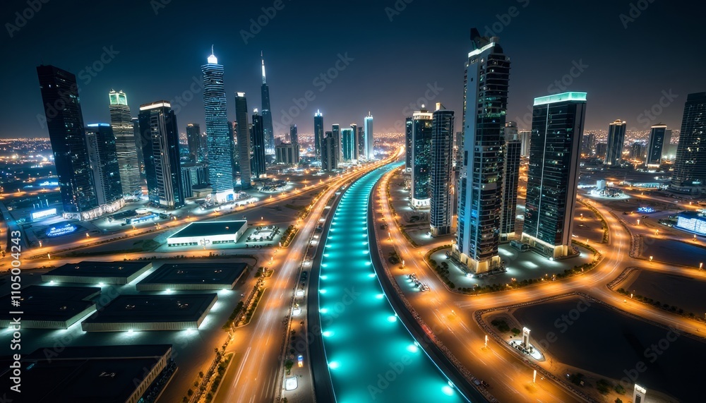City lights at night on highway City lights at night on highway