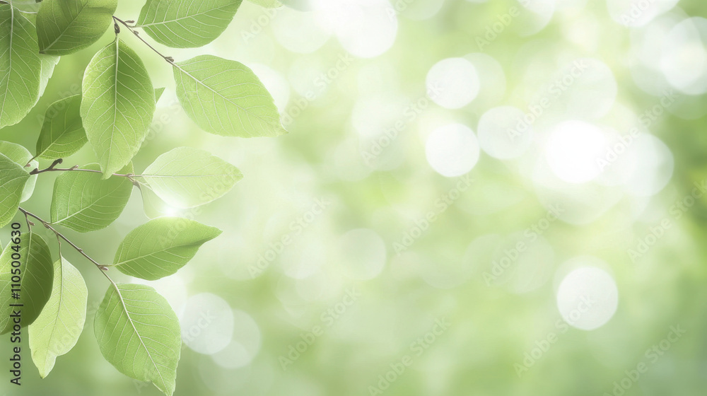 Fresh green leaves with soft sunlight creating serene atmosphere Fresh green leaves with soft sunlight creating serene atmosphere