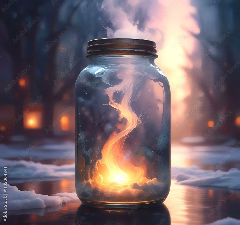 Illustration of glowing and magic dramatic smoke in jar with water reflection. Illustration of glowing and magic dramatic smoke in jar with water reflection.