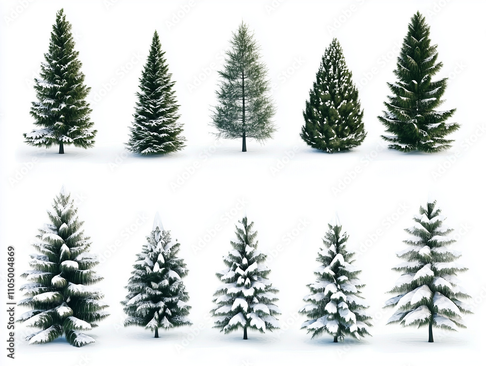 Obraz premium Collection of Christmas trees with snow isolated on a white background