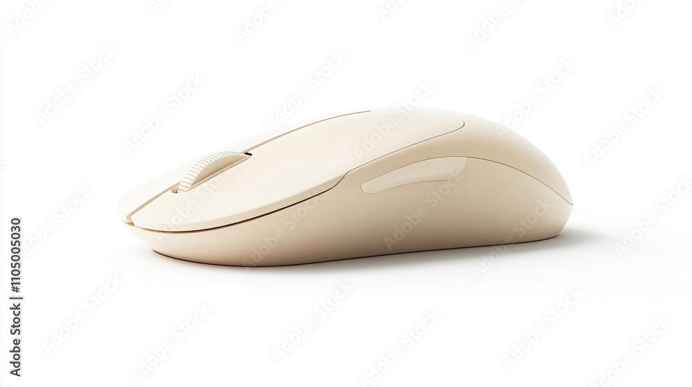 A minimalist office mouse in matte beige with an oval shape, soft click buttons, and a subtle scroll wheel, rendered on a pristine white background. A minimalist office mouse in matte beige with an oval shape, soft click buttons, and a subtle scroll wheel, rendered on a pristine white background.