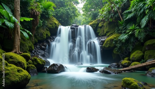 Waterfall cascading in lush jungle with vibrant green moss-covered rocks