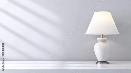 stylish white lamp on sleek surface, casting soft shadows, enhances modern decor of room. Its elegant design adds touch of sophistication to any space