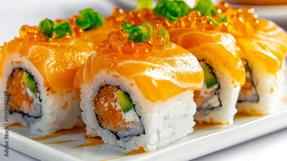 Delicious sushi rolls topped with fresh salmon and fish roe, served on white plate. vibrant colors and textures create appetizing presentation Delicious sushi rolls topped with fresh salmon and fish roe, served on white plate. vibrant colors and textures create appetizing presentation