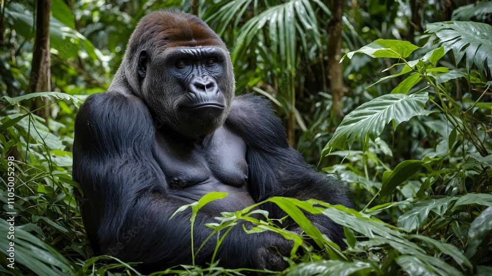 Fototapeta premium Majestic Pause: Cross River Gorilla Resting in the Heart of the Dense Forest
