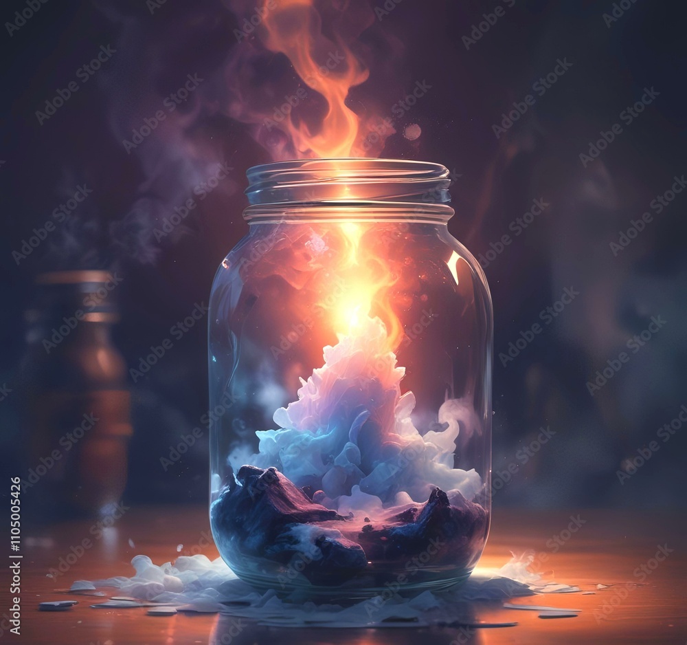 Illustration of glowing and magic dramatic smoke in jar with water reflection. Illustration of glowing and magic dramatic smoke in jar with water reflection.