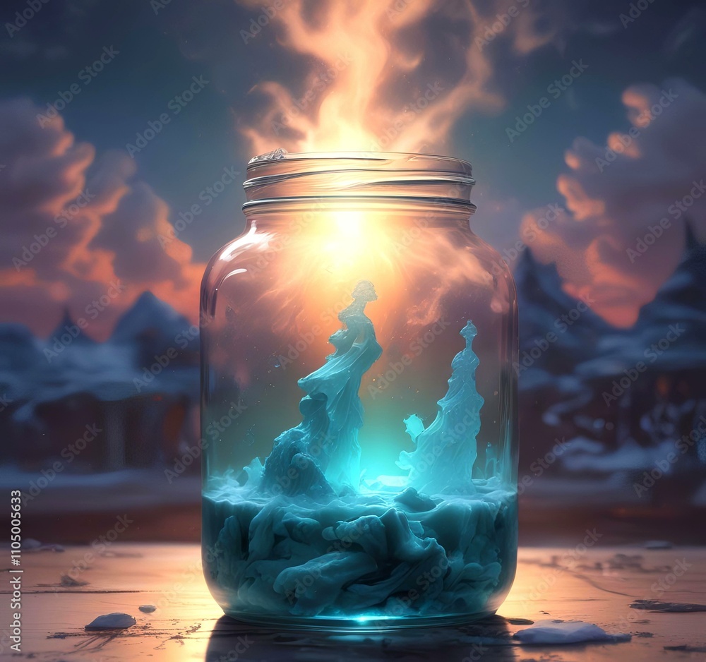 Illustration of glowing and magic dramatic smoke in jar with water reflection. Illustration of glowing and magic dramatic smoke in jar with water reflection.