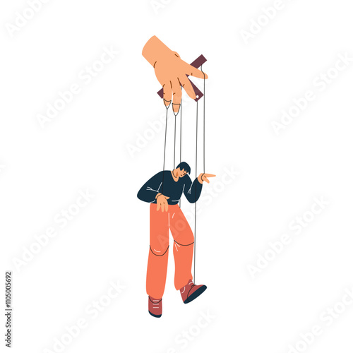 Vector cartoon depicting a puppet character with his hands and feet tied illustrates toxic communication.
