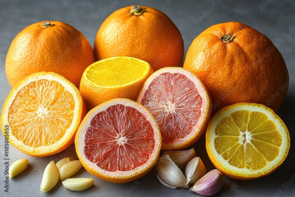 Fototapeta premium Immunity-boosting foods such as citrus, garlic, and turmeric styled neatly , highlighting wellness themes.