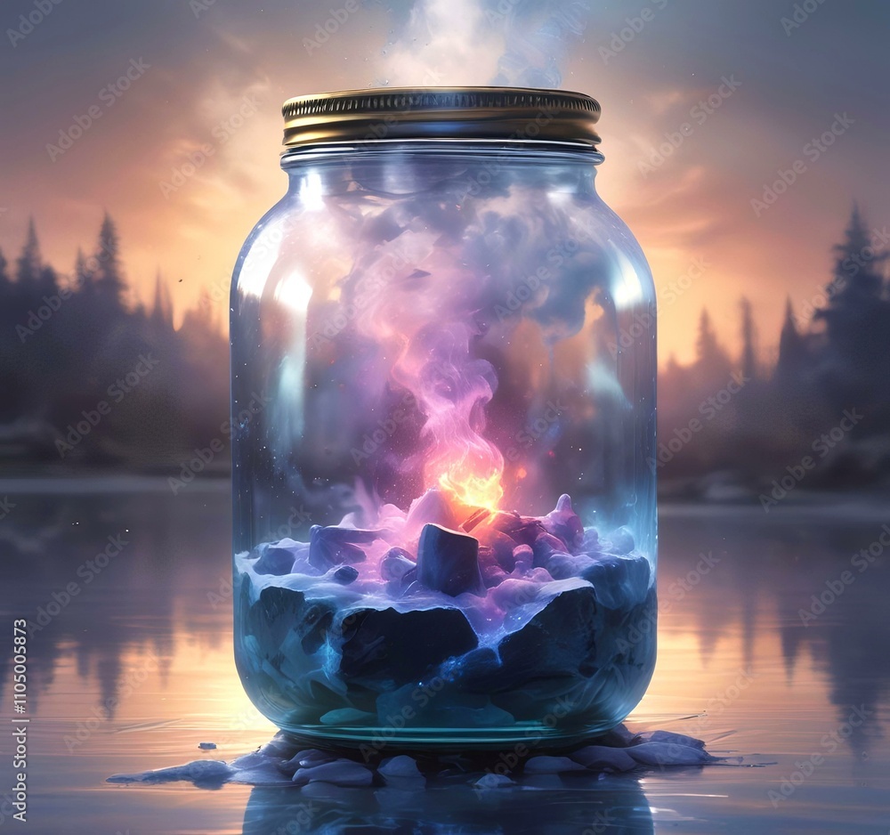 Illustration of glowing and magic dramatic smoke in jar with water reflection. Illustration of glowing and magic dramatic smoke in jar with water reflection.