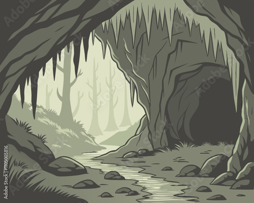 mysterious cave entrance in a dense forest landscape. The dark, shadowy interior of the cave contrasts with the soft, glowing light filtering through the trees outside, creating a moody, vertor file