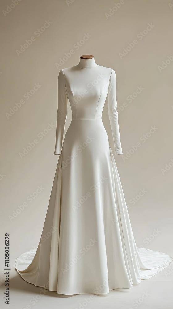 A modern minimalist wedding dress with a sleek silhouette, long sleeves, and a high neckline, crafted from smooth ivory fabric, placed on a soft cream background. A modern minimalist wedding dress with a sleek silhouette, long sleeves, and a high neckline, crafted from smooth ivory fabric, placed on a soft cream background.