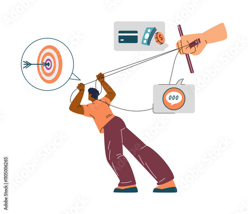 Vector illustration of a man with a puppeteer controlling him, depicting manipulations at work