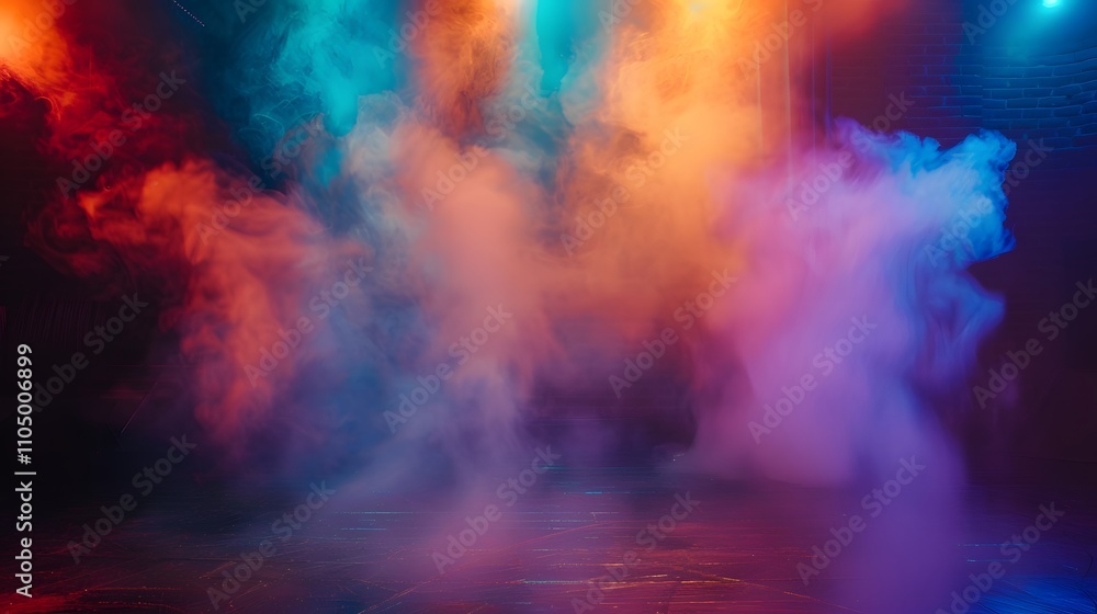 Colorful Smoke Fills Dark Room With Vivid Lighting Colorful Smoke Fills Dark Room With Vivid Lighting