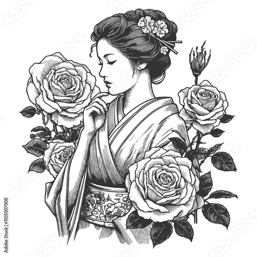serene geisha in traditional attire, adorned with flowers, standing gracefully among blooming roses sketch engraving generative ai vector illustration. Scratch board imitation. Black and white image.