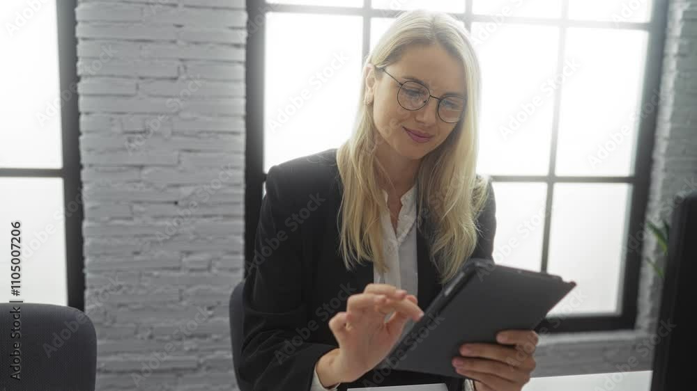 Woman smiling in office while using tablet, blonde hair and glasses, set against modern white brick wall and large windows, creating a professional indoor working environment. Woman smiling in office while using tablet, blonde hair and glasses, set against modern white brick wall and large windows, creating a professional indoor working environment.
