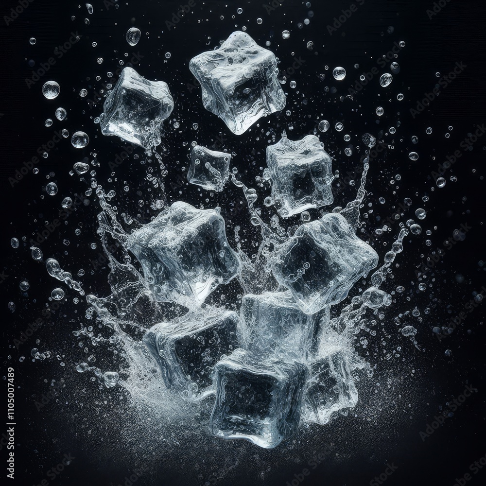 ice cubes with water particles splash in motion air, on black background for overlay
ice cubes with water particles splash in motion air, on black background for overlay