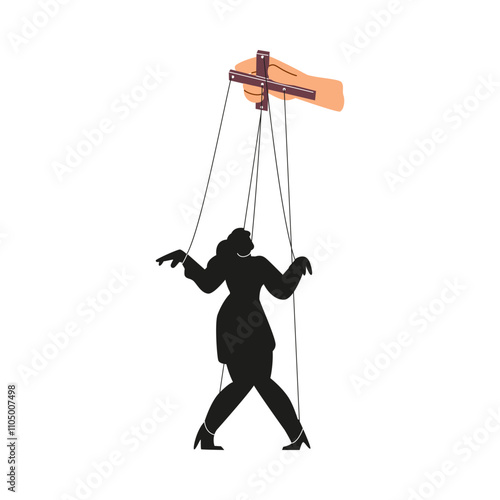 Vector illustration depicting a black silhouette of a puppet girl in the hands of a puppete