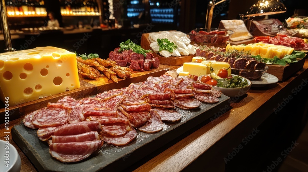 A lavish spread of assorted meats, cheeses, and garnishes. A lavish spread of assorted meats, cheeses, and garnishes.