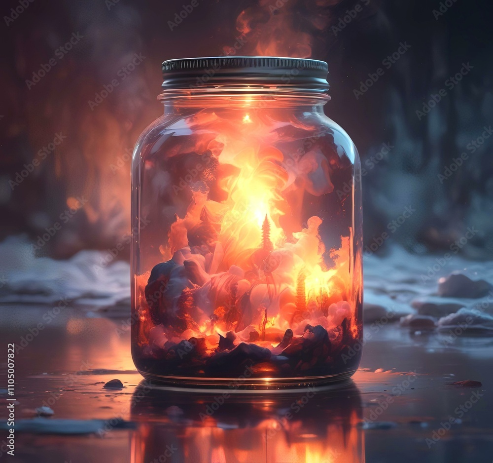 Illustration of glowing and magic dramatic smoke in jar with water reflection. Illustration of glowing and magic dramatic smoke in jar with water reflection.