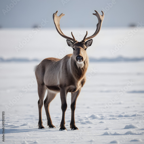 Majestic Reindeer in Winter Wonderland: A Solitary Caribou in a Snowy Landscape