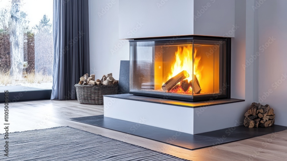 Modern fireplace with a cozy fire in a stylish living room. Modern fireplace with a cozy fire in a stylish living room.