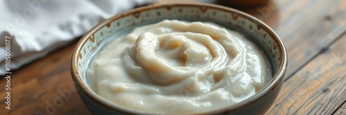 Creamy salt cod puree in a shallow bowl on a wooden table, rustic, French cuisine, traditional recipe