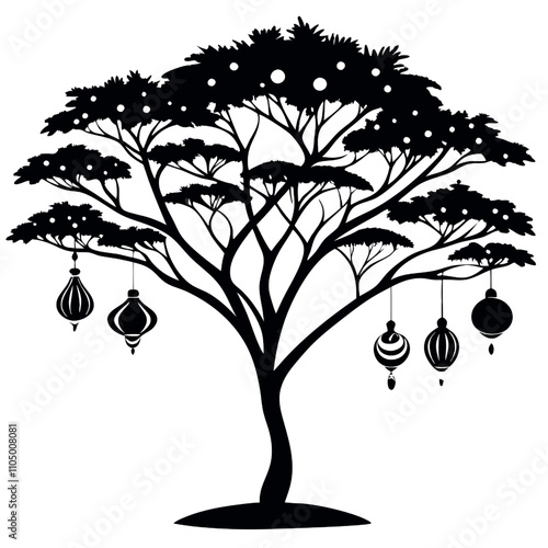 Ornamental Silhouette Acacia Tree: A majestic silhouette of a tree adorned with festive ornaments, creating a unique and stylish Christmas or holiday image. Perfect for cards, decorations.