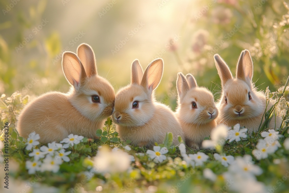 Four adorable baby bunnies huddled together in a field of white flowers with soft sunlight filtering through the foliage. Four adorable baby bunnies huddled together in a field of white flowers with soft sunlight filtering through the foliage.