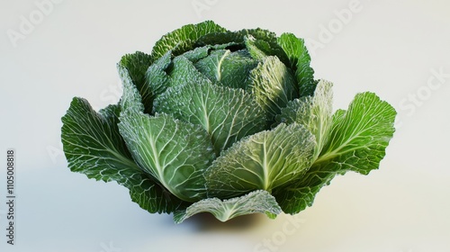 A realistic 3D cabbage with tightly packed leaves, rendered in vivid green shades and placed on a white background. The lighting emphasizes the fine details of the leaf structure.