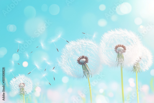 明るい青空を背景にたんぽぽの綿毛が風に舞う