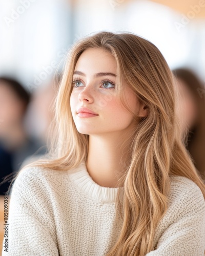 Minimalistic stock photo of a woman sitting in a lecture hall, focused on her notes, surrounded by attentive students, waist-up shot, soft focus on her with blurred background.