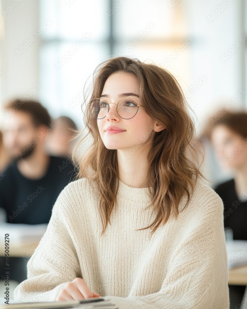 Minimalistic stock photo of a woman sitting in a lecture hall, focused on her notes, surrounded by attentive students, waist-up shot, soft focus on her with blurred background. Minimalistic stock photo of a woman sitting in a lecture hall, focused on her notes, surrounded by attentive students, waist-up shot, soft focus on her with blurred background.