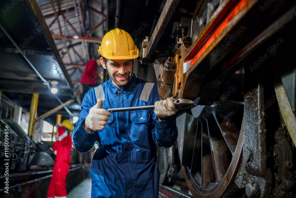 Engineer checking construction process railway and checking work on railroad station . Railway engineer checking machines in train station. Train engineer concept Engineer checking construction process railway and checking work on railroad station . Railway engineer checking machines in train station. Train engineer concept