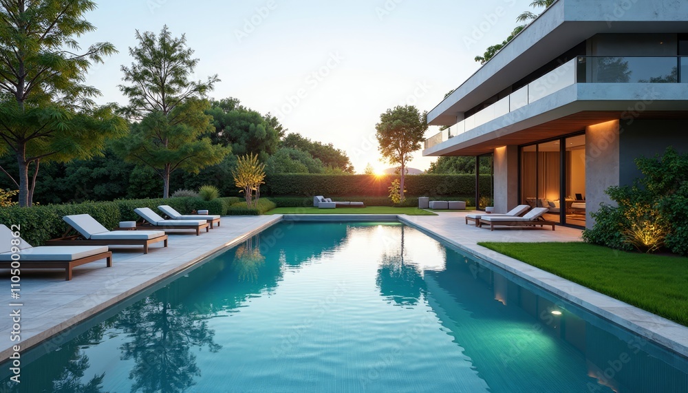 Fototapeta premium Modern poolside at sunset, inviting lounge chairs on deck, tranquil blue water, sun reflecting off surface, modern