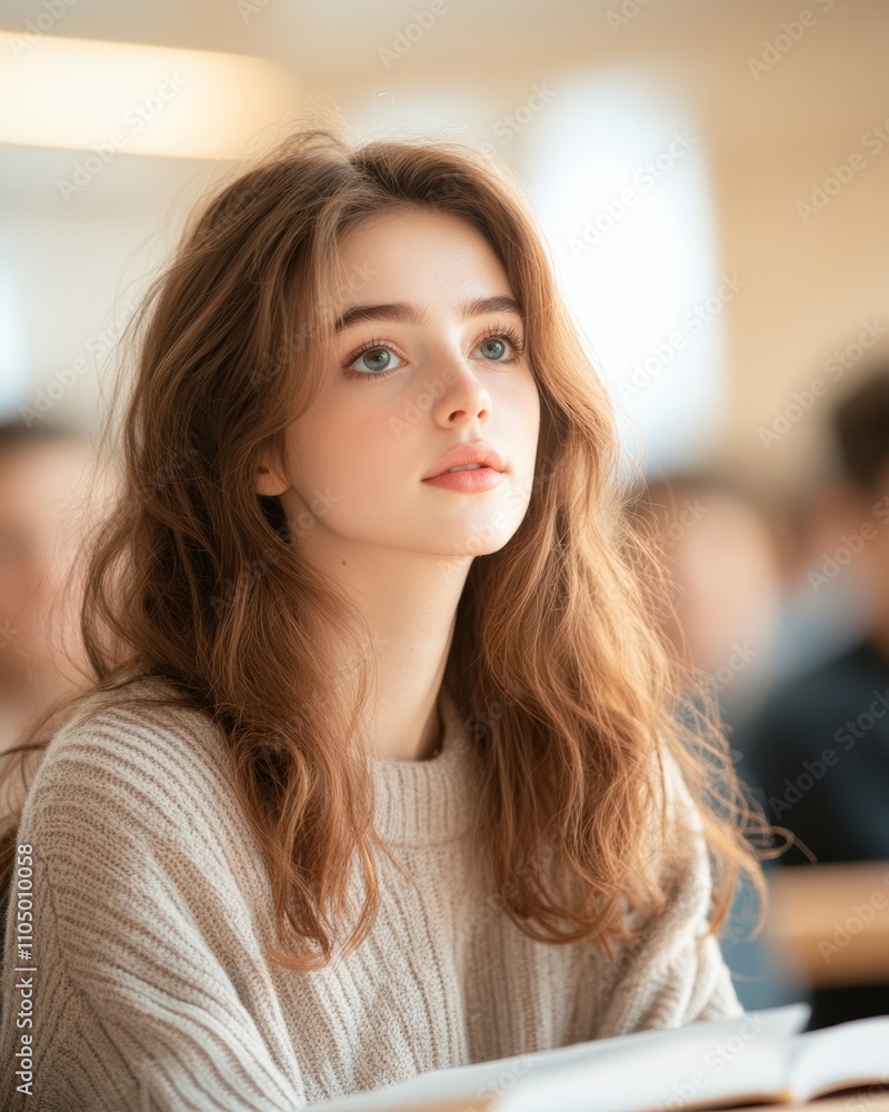 Minimalistic stock photo of a woman sitting in a lecture hall, focused on her notes, surrounded by attentive students, waist-up shot, soft focus on her with blurred background. Minimalistic stock photo of a woman sitting in a lecture hall, focused on her notes, surrounded by attentive students, waist-up shot, soft focus on her with blurred background.