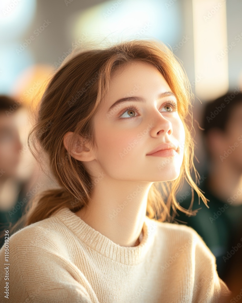 Minimalistic stock photo of a woman sitting in a lecture hall, focused on her notes, surrounded by attentive students, waist-up shot, soft focus on her with blurred background. Minimalistic stock photo of a woman sitting in a lecture hall, focused on her notes, surrounded by attentive students, waist-up shot, soft focus on her with blurred background.